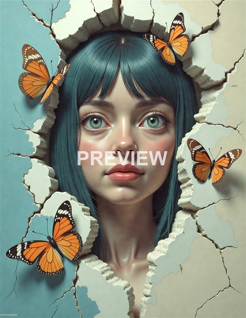 A young woman with blue hair gazes through a torn wall with four orange and black butterflies perched around her face, creating an artistic and surreal visual.